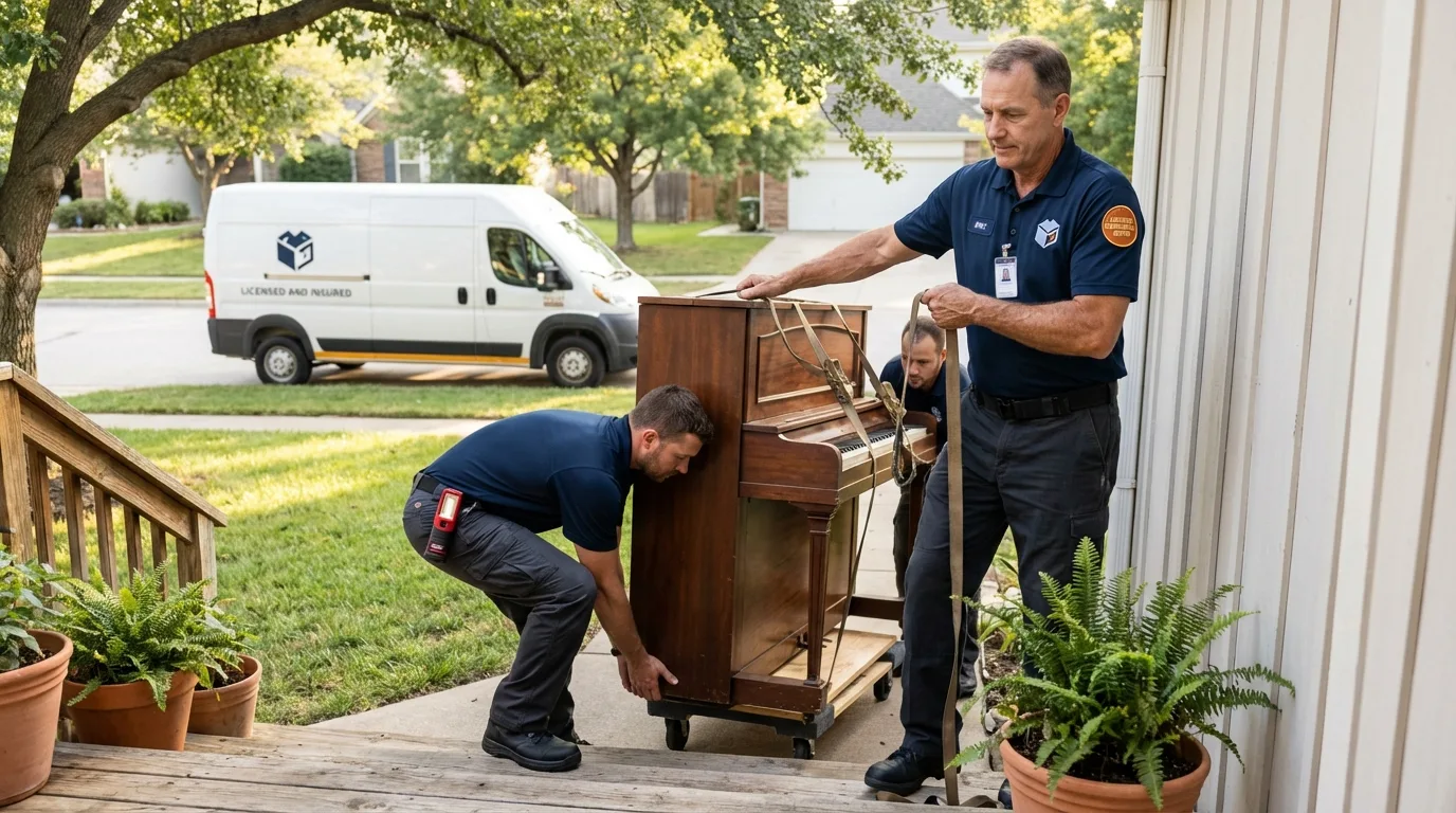 Licensed piano movers securing grand piano in McMinnville, OR