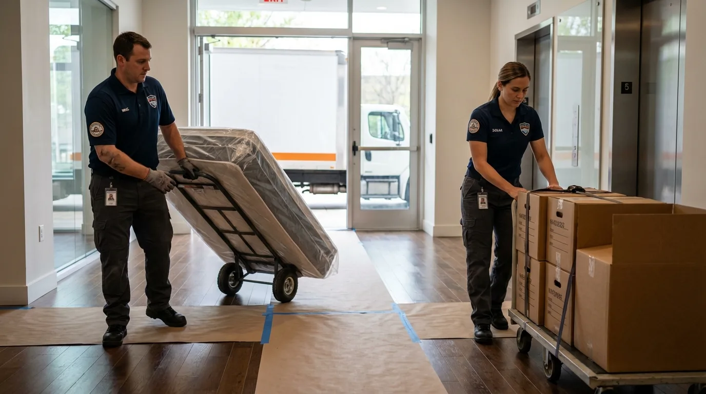 Professional apartment movers loading elevator in McMinnville, OR
